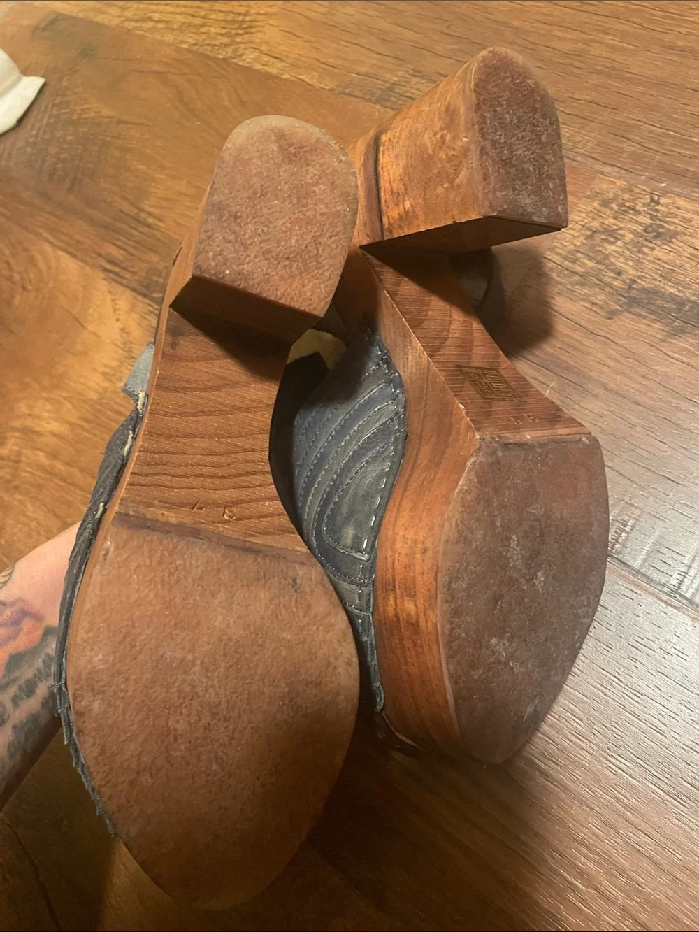 Free People Blue Leather and Wood Platform Wedge